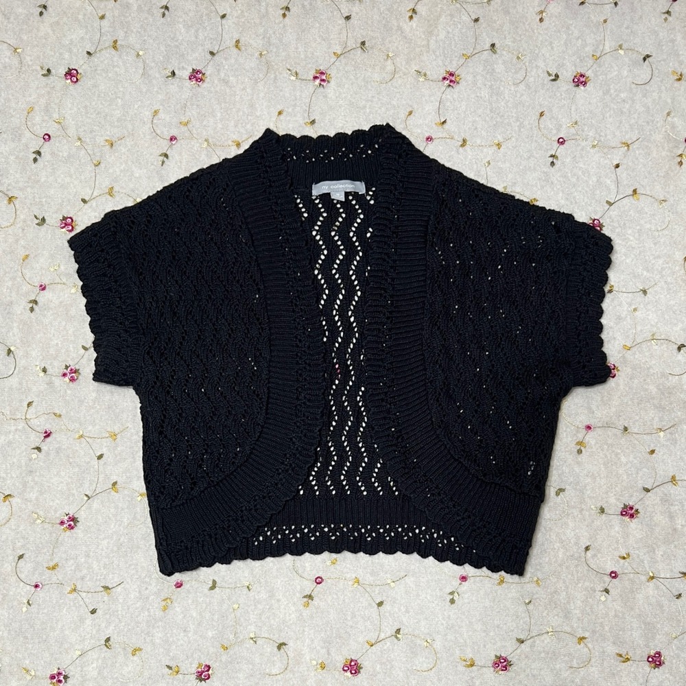 Y2K 2000s Shrug Open Front Pointelle Black Short Sleeve Crochet Bolero Medium